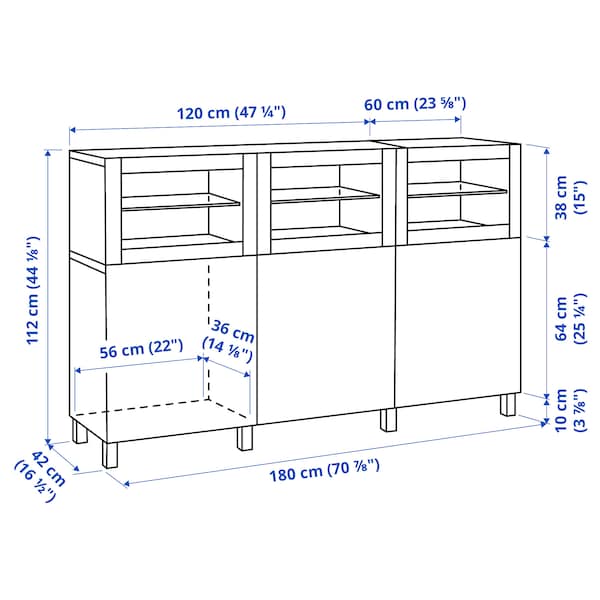Ikea BESTÅ - Storage combination with doors, white/Smeviken/Kabbarp white clear glass, 180x42x112 cm