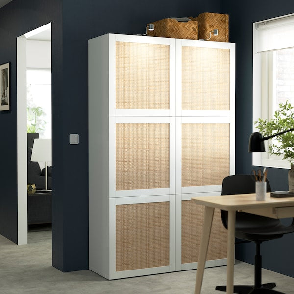 BESTÅ - Storage combination with doors, white Studsviken/white woven poplar, 120x42x193 cm