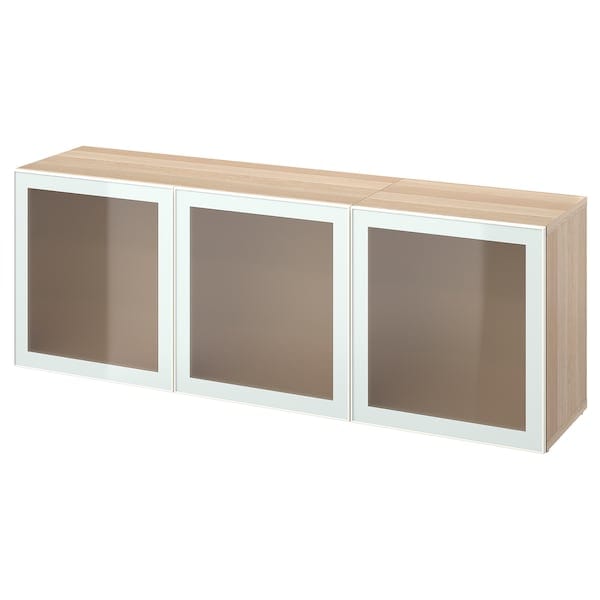 Ikea BESTÅ - Storage combination with doors, white stained oak effect Glassvik/white/light green frosted glass, 180x42x65 cm