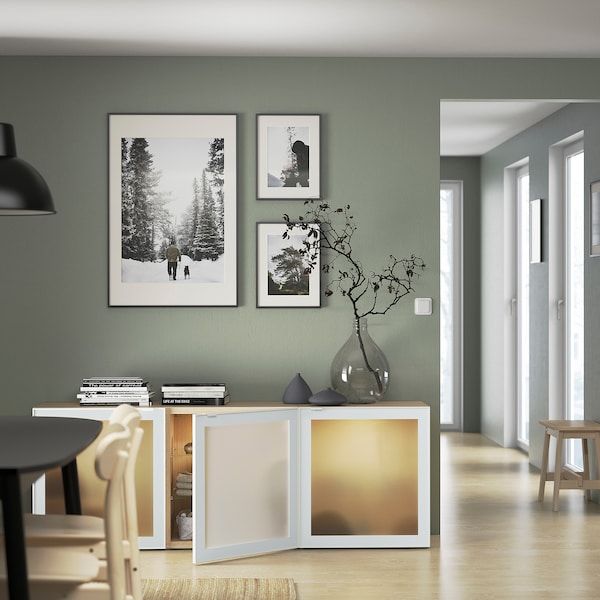 BESTÅ - Storage combination with doors, white stained oak effect Glassvik/white/light green frosted glass, 180x42x65 cm