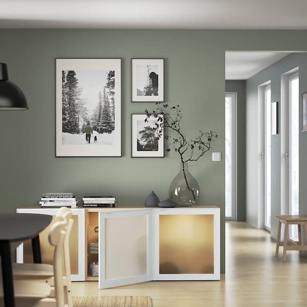 Ikea BESTÅ - Storage combination with doors, white stained oak effect Glassvik/white/light green frosted glass, 180x42x65 cm
