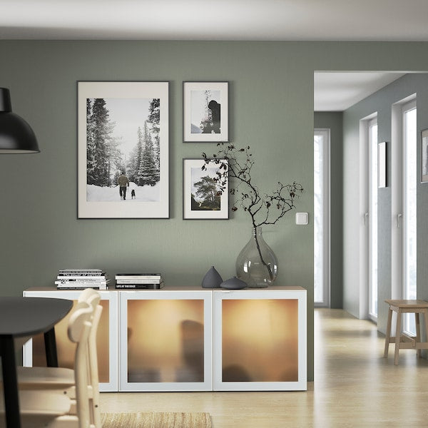 BESTÅ - Storage combination with doors, white stained oak effect Glassvik/white/light green frosted glass, 180x42x65 cm