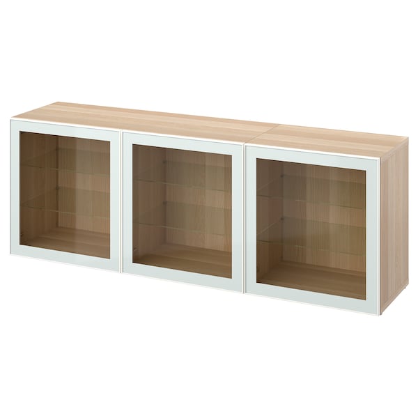 BESTÅ - Storage combination with doors, white stained oak effect Glassvik/white/light green clear glass, 180x42x65 cm