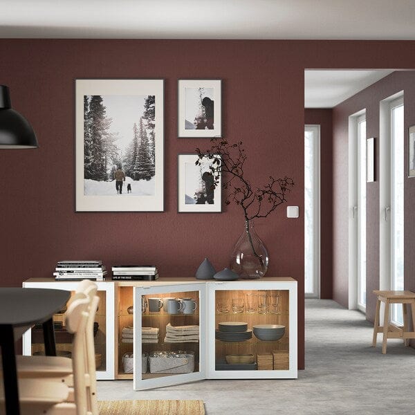 Ikea BESTÅ - Storage combination with doors, white stained oak effect Glassvik/white/light green clear glass, 180x42x65 cm