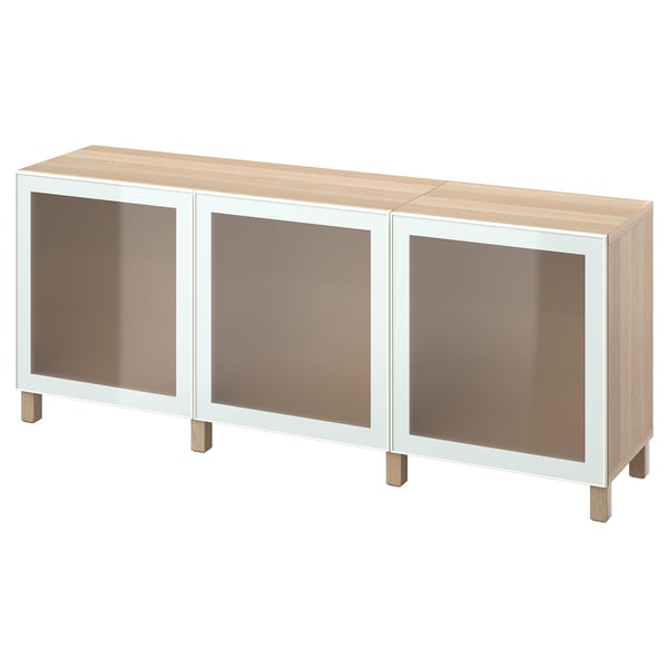 BESTÅ storage combination with doors, white stained oak effect Glassvik/Stubbarp/white/light green frosted glass, 180x42x74 cm
