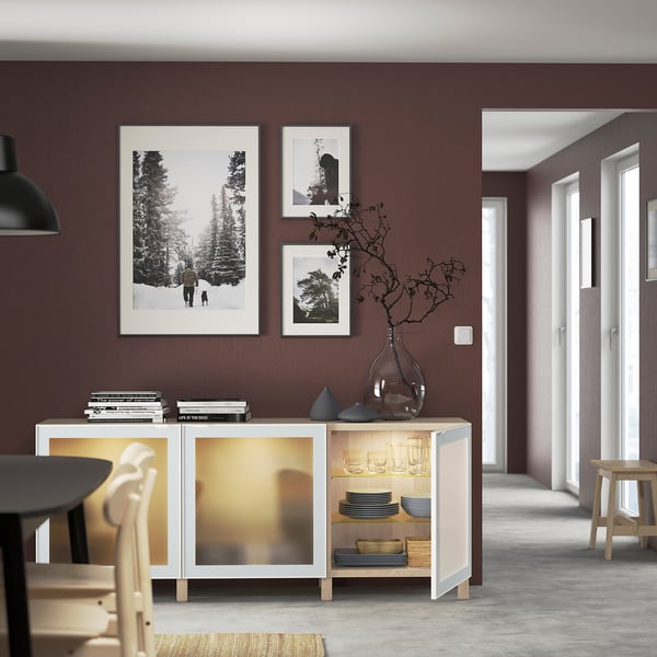 BESTÅ storage combination with doors, white stained oak effect Glassvik/Stubbarp/white/light green frosted glass, 180x42x74 cm