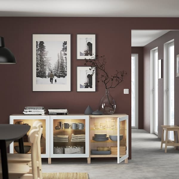 Ikea BESTÅ - Storage combination with doors, white stained oak effect Glassvik/Stubbarp/white/light green clear glass, 180x42x74 cm