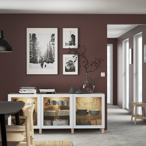 Ikea BESTÅ - Storage combination with doors, white stained oak effect Glassvik/Stubbarp/white/light green clear glass, 180x42x74 cm