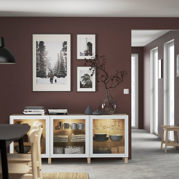 BESTÅ storage combination with doors, white stained oak effect Glassvik/Stubbarp/white/light green clear glass, 180x42x74 cm