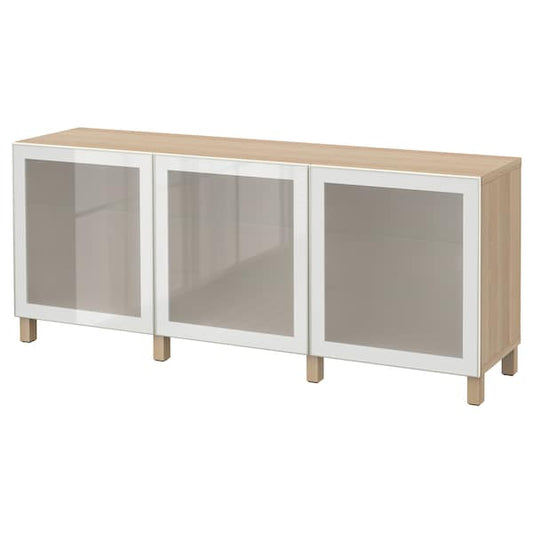 Ikea BESTÅ - Cabinet with doors, oak effect with white stain/Glassvik/Stubbarp frosted glass white,180x42x74 cm