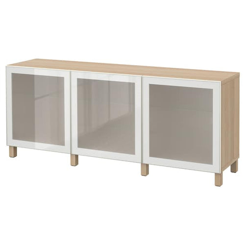 BESTÅ storage combination with doors, white stained oak effect/Glassvik/Stubbarp white frosted glass, 180x74x42 cm