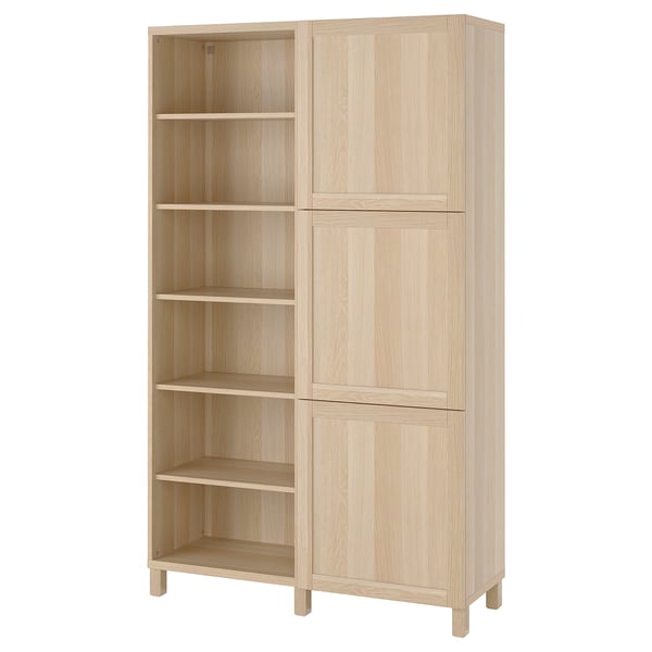 BESTÅ storage combination with doors, white stained oak effect/Hanviken/Stubbarp white stained oak effect, 120x42x202 cm