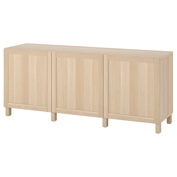 BESTÅ storage combination with doors, white stained oak effect/Hanviken/Stubbarp white stained oak effect, 180x42x74 cm