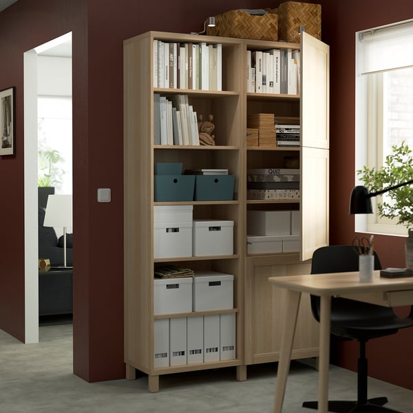 BESTÅ storage combination with doors, white stained oak effect/Hanviken/Stubbarp white stained oak effect, 120x42x202 cm