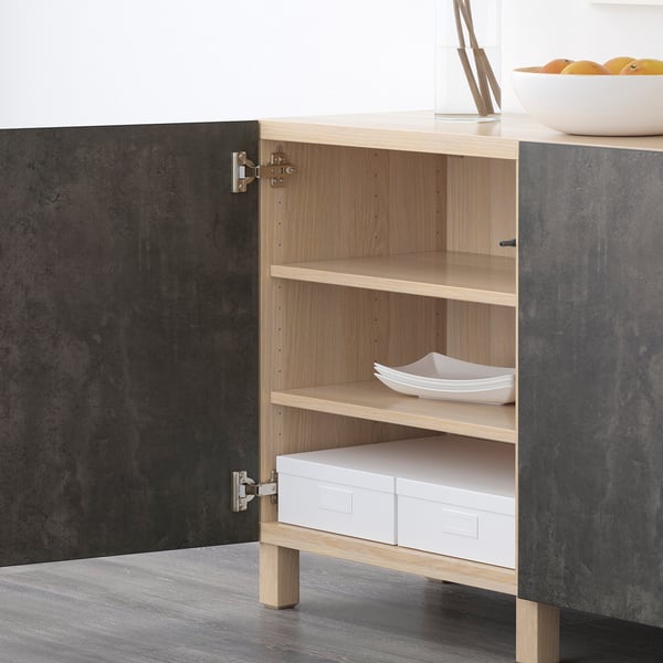 BESTÅ storage combination with doors, white stained oak effect Kallviken/Stubbarp/dark grey concrete effect, 180x42x74 cm