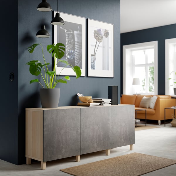 BESTÅ storage combination with doors, white stained oak effect Kallviken/Stubbarp/dark grey concrete effect, 180x42x74 cm