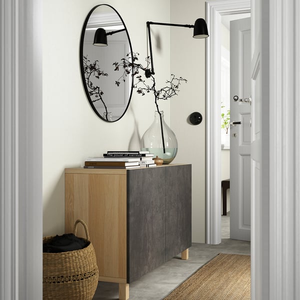 BESTÅ - BESTÅ Storage combination with doors, white stained oak effect Kallviken/Stubbarp/dark grey concrete effect, 120x42x74 cm
