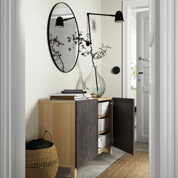 BESTÅ storage combination with doors, white stained oak effect Kallviken/Stubbarp/dark grey concrete effect, 120x42x74 cm
