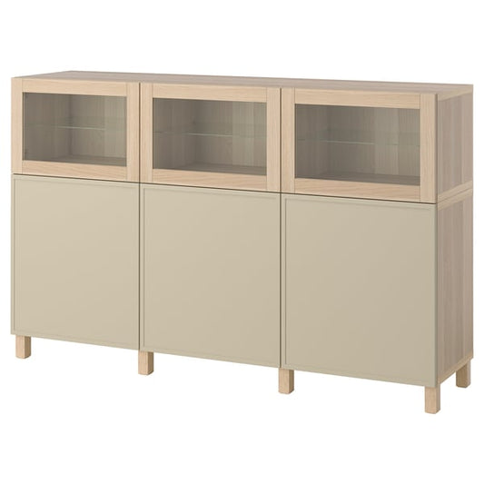 BESTÅ cabinet with doors, oak effect with white stain/Krukmakare beige, 180x42x112 cm