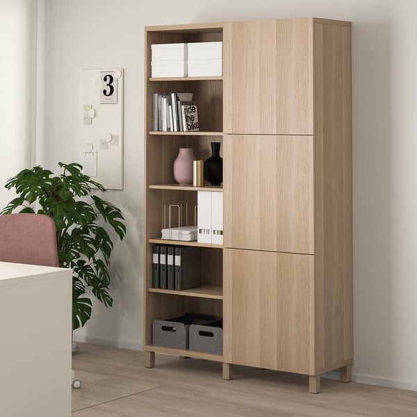 BESTÅ storage combination with doors, white stained oak effect/Lappviken/Stubbarp white stained oak effect, 120x42x202 cm