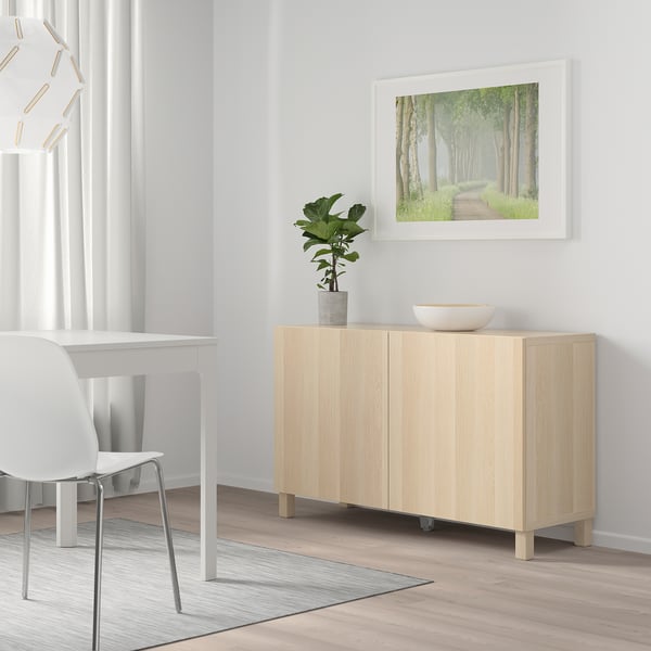 BESTÅ - BESTÅ Storage combination with doors, white stained oak effect/Lappviken/Stubbarp white stained oak effect, 120x42x74 cm