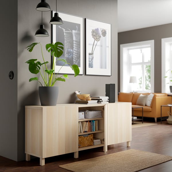 BESTÅ - BESTÅ Storage combination with doors, white stained oak effect/Lappviken/Stubbarp white stained oak effect, 180x42x74 cm