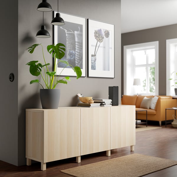 BESTÅ storage combination with doors, white stained oak effect/Lappviken/Stubbarp white stained oak effect, 180x42x74 cm