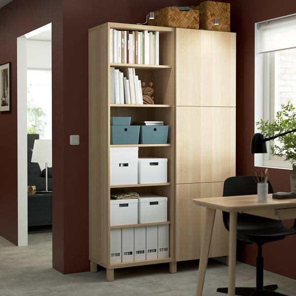 BESTÅ storage combination with doors, white stained oak effect/Lappviken/Stubbarp white stained oak effect, 120x42x202 cm