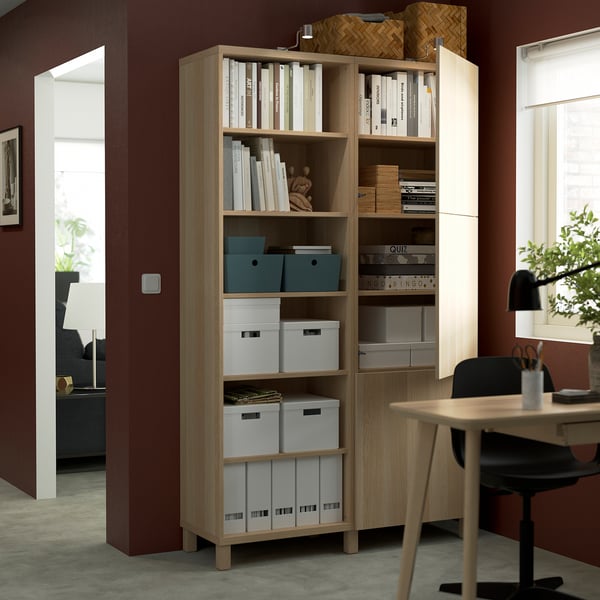 BESTÅ storage combination with doors, white stained oak effect/Lappviken/Stubbarp white stained oak effect, 120x42x202 cm