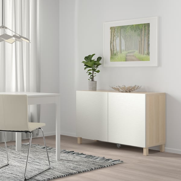 BESTÅ storage combination with doors, white stained oak effect/Laxviken/Stubbarp white, 120x42x74 cm