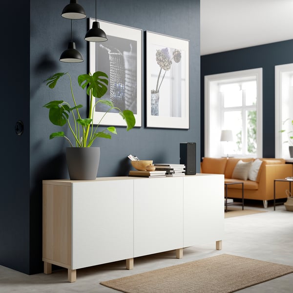 BESTÅ storage combination with doors, white stained oak effect/Laxviken/Stubbarp white, 180x42x74 cm