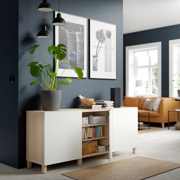 BESTÅ storage combination with doors, white stained oak effect/Laxviken/Stubbarp white, 180x42x74 cm