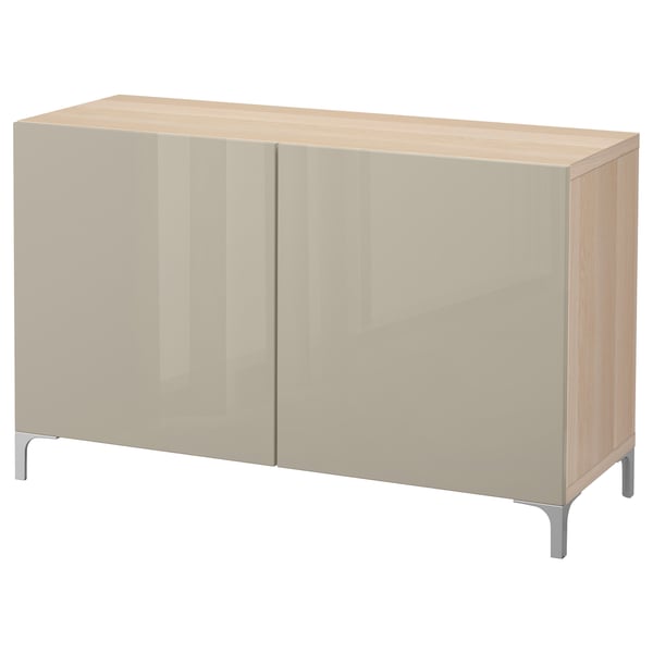 BESTÅ storage combination with doors, white stained oak effect/Selsviken high-gloss/beige, 120x42x74 cm