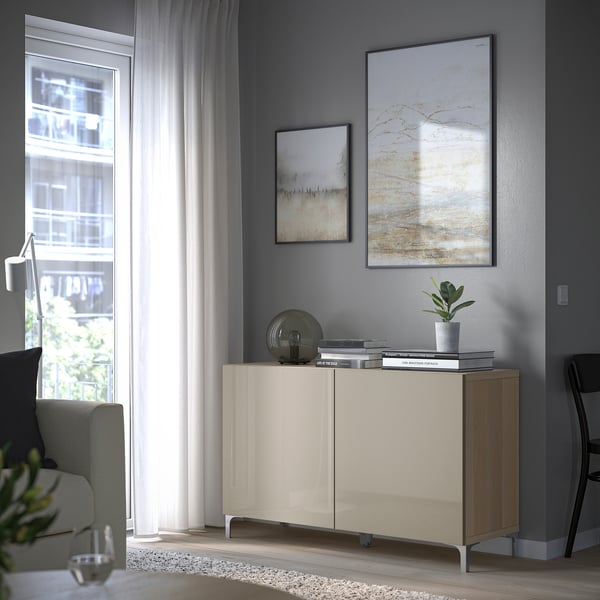 BESTÅ storage combination with doors, white stained oak effect/Selsviken high-gloss/beige, 120x42x74 cm