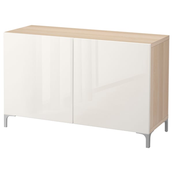 BESTÅ storage combination with doors, white stained oak effect/Selsviken high-gloss/white, 120x42x74 cm