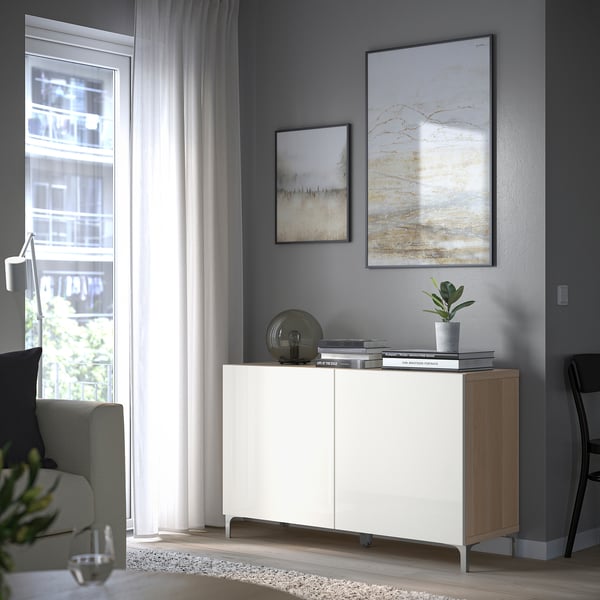 BESTÅ storage combination with doors, white stained oak effect/Selsviken high-gloss/white, 120x42x74 cm