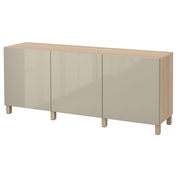 BESTÅ storage combination with doors, white stained oak effect/Selsviken/Stubbarp high-gloss/beige, 180x42x74 cm