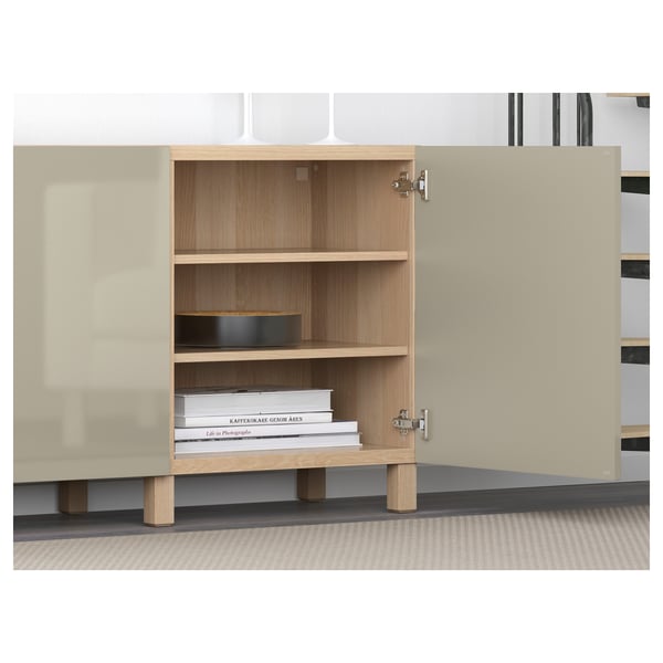 BESTÅ storage combination with doors, white stained oak effect/Selsviken/Stubbarp high-gloss/beige, 180x42x74 cm
