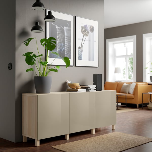 BESTÅ storage combination with doors, white stained oak effect/Selsviken/Stubbarp high-gloss/beige, 180x42x74 cm