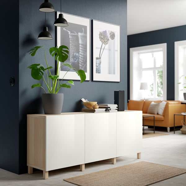 BESTÅ - BESTÅ Storage combination with doors, white stained oak effect/Selsviken/Stubbarp high-gloss/white, 180x42x74 cm