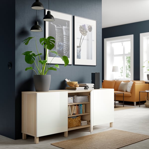 BESTÅ storage combination with doors, white stained oak effect/Selsviken/Stubbarp high-gloss/white, 180x42x74 cm