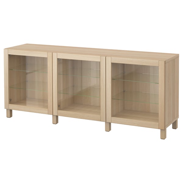 BESTÅ storage combination with doors, white stained oak effect/Sindvik/Stubbarp white stained oak eff clear glass, 180x42x74 cm