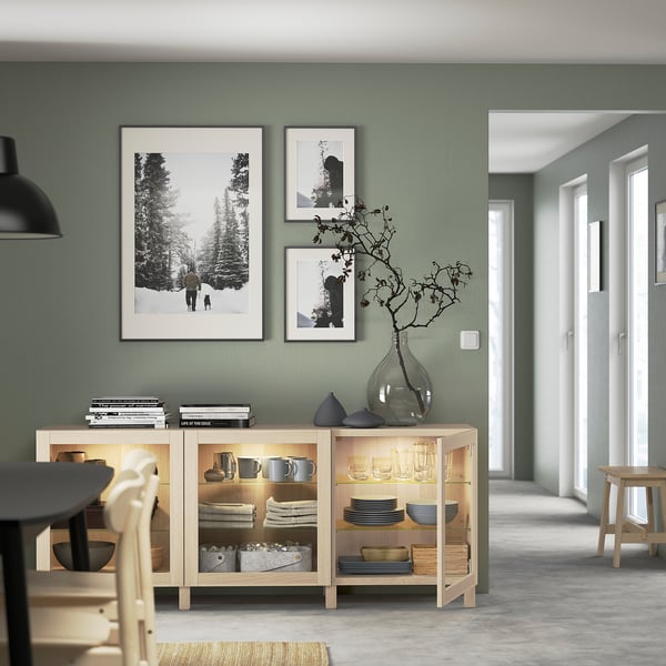 BESTÅ storage combination with doors, white stained oak effect/Sindvik/Stubbarp white stained oak eff clear glass, 180x42x74 cm