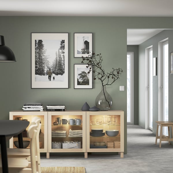 BESTÅ storage combination with doors, white stained oak effect/Sindvik/Stubbarp white stained oak eff clear glass, 180x42x74 cm