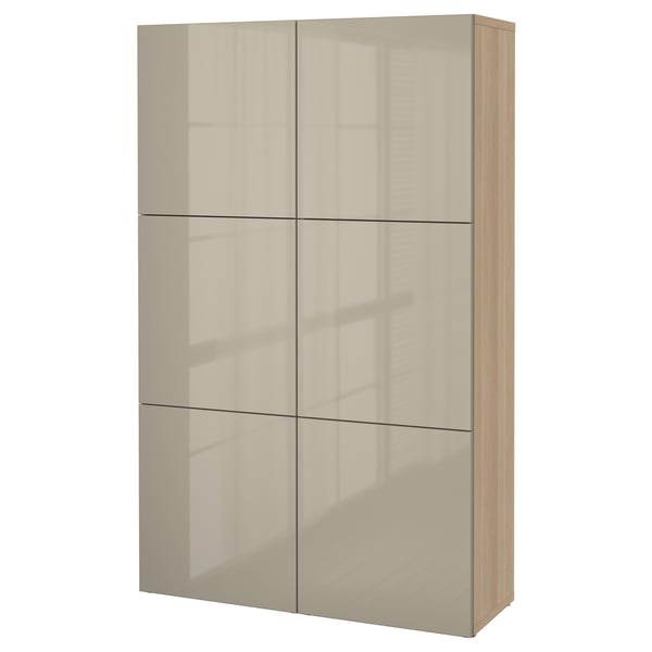 BESTÅ storage combination with doors, white stained oak effect/Selsviken high-gloss/beige, 120x42x193 cm