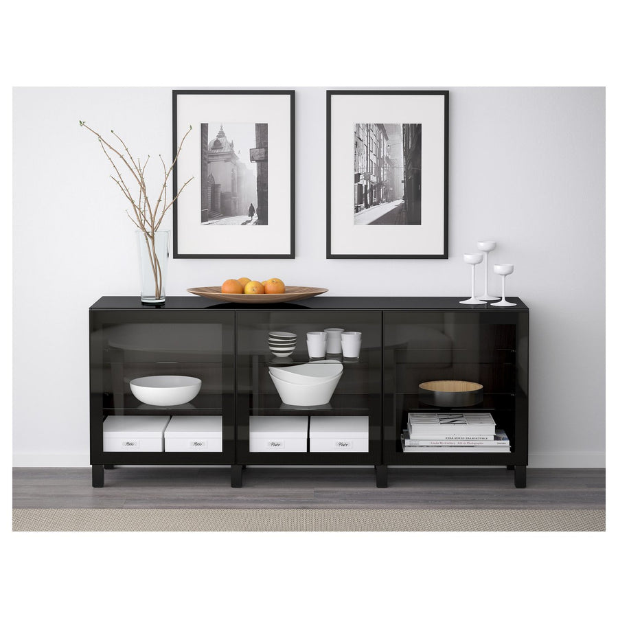 BESTÅ storage combination with doors, Glassvik black/clear glass, 180x42x75 cm