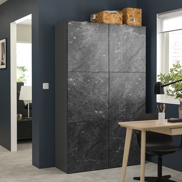 BESTÅ storage combination with doors, dark grey Bergsviken/black marble effect, 120x42x193 cm
