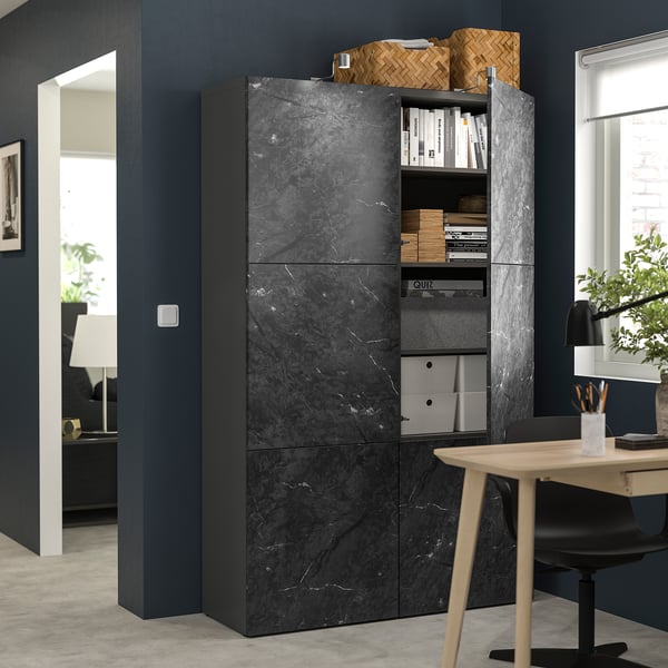 BESTÅ storage combination with doors, dark grey Bergsviken/black marble effect, 120x42x193 cm