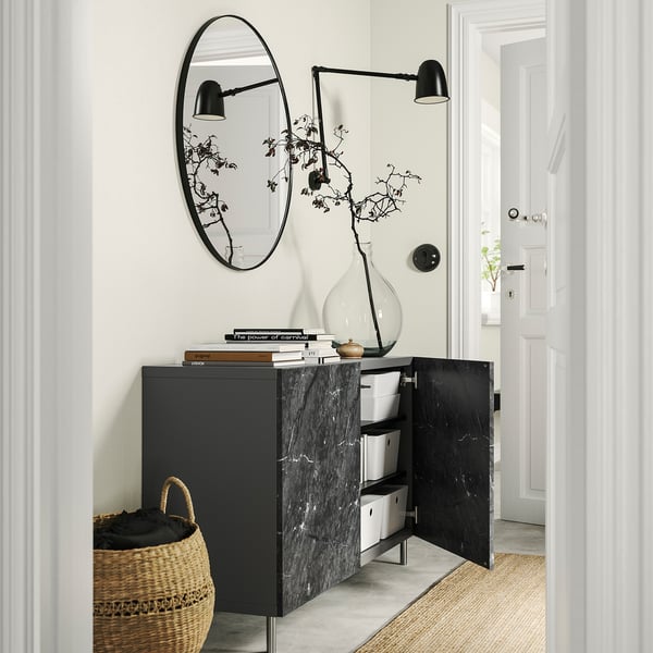BESTÅ storage combination with doors, dark grey Bergsviken/Ösarp/black marble effect, 120x42x74 cm
