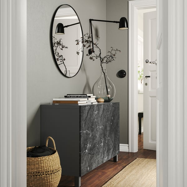 BESTÅ - Storage combination with doors, dark grey Bergsviken/Stubbarp/black marble effect, 120x42x74 cm